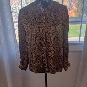 Sarah B Black & Gold Baroque Print Satin Blouse - Brand New